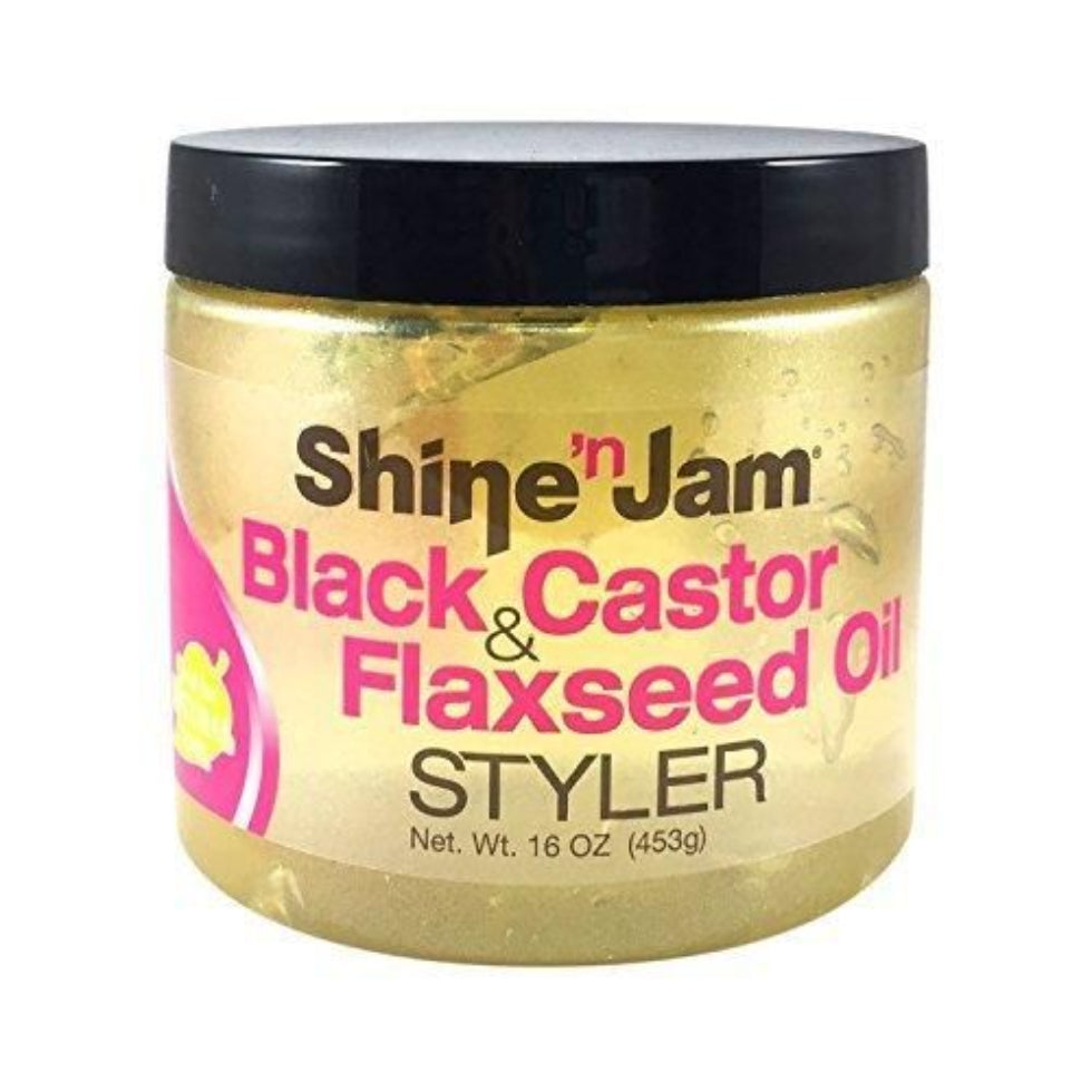 shine n jam black castor flaxseed oil styler 16oz strong hold styling gel for smooth hair frizz control shine finish
