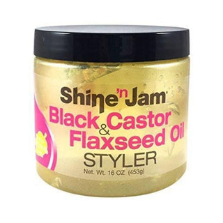 shine n jam black castor flaxseed oil styler 16oz strong hold styling gel for smooth hair frizz control shine finish
