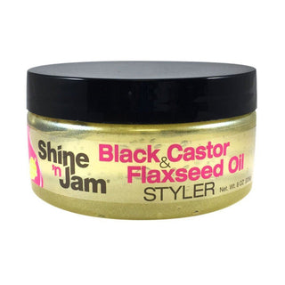 shine n jam black castor flaxseed oil styler 8oz strong hold styling gel for smooth hair frizz control shine finish
