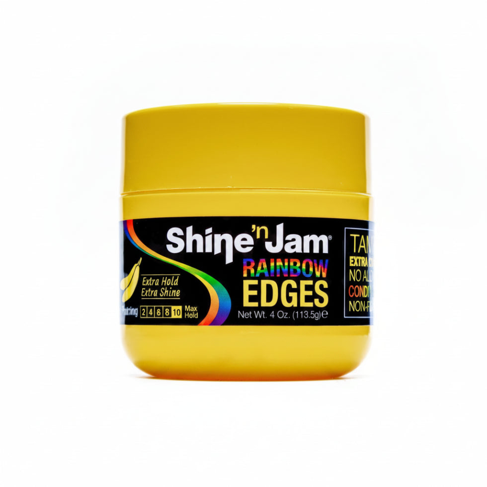 shine n jam rainbow edges banana pudding 4oz extra hold edge control gel for sleek baby hairs braids frizz control shine finish
