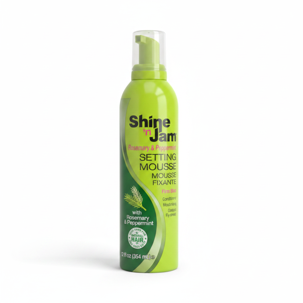 shine n jam setting mousse rosemary peppermint firm hold braids foam for protective styles frizz control smooth finish