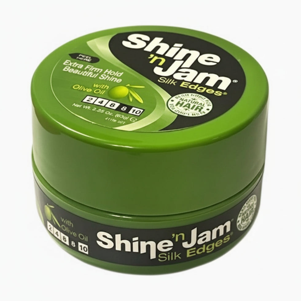 shine n jam silk edge extra firm hold olive oil edge control gel for sleek baby hairs frizz control shine finish
