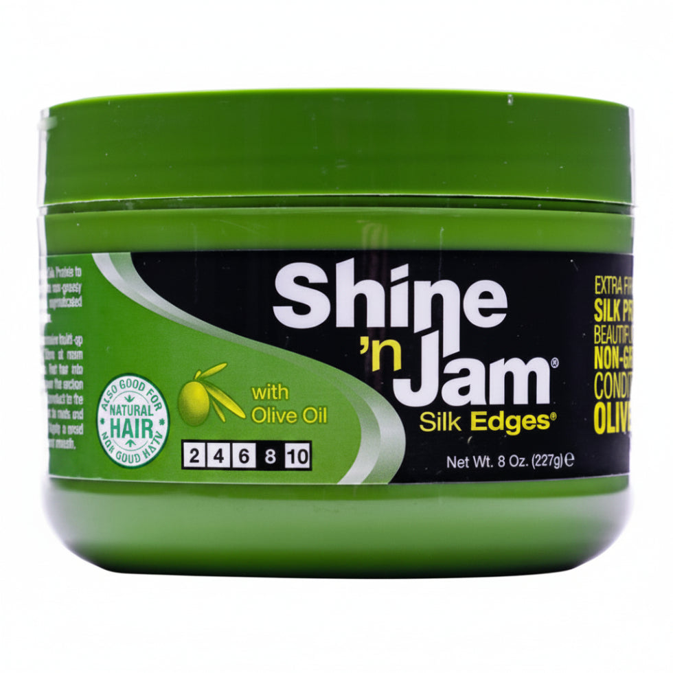 ampro shine n jam silk edges 8oz extra firm hold edge control gel for sleek baby hairs frizz control shine finish
