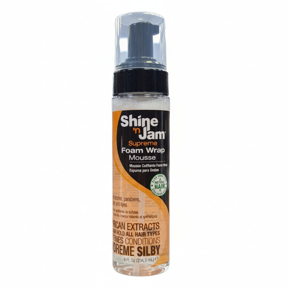 shine n jam supreme foam wrap mousse 236ml power hold silky finish for braids wraps frizz control shine
