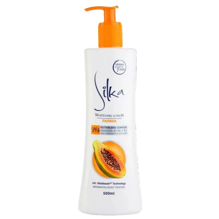 Silka Whitening Lotion Papaya SPF 6 500ml brightening moisturizing body lotion for soft skin.