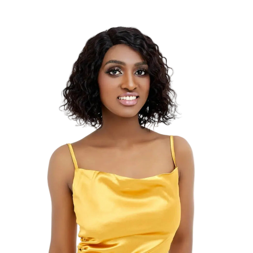 Sleek Cora human hair wig 11 inch short curly virgin gold lace front bob wig 1B