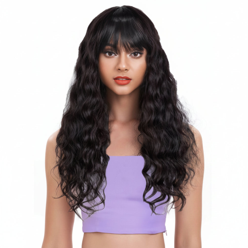 Sleek Eileen wig 23 inch 1B natural wavy virgin human hair fringe wig on a display mannequin