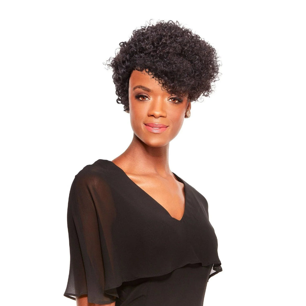 Sleek Kathy wig short cropped afro textured curl virgin human hair wig on a mannequin display