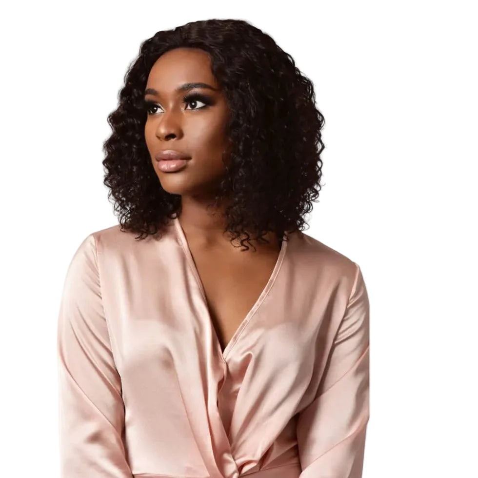 Sleek Leah human hair wig 14 inch curly long bob virgin gold lace front wig 1B