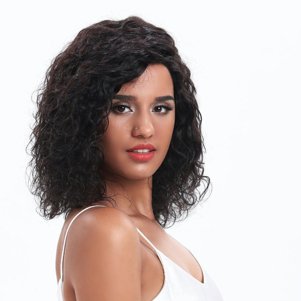 Sleek Leona human hair wig 14 inch straight virgin gold lace front wig in shade 1B