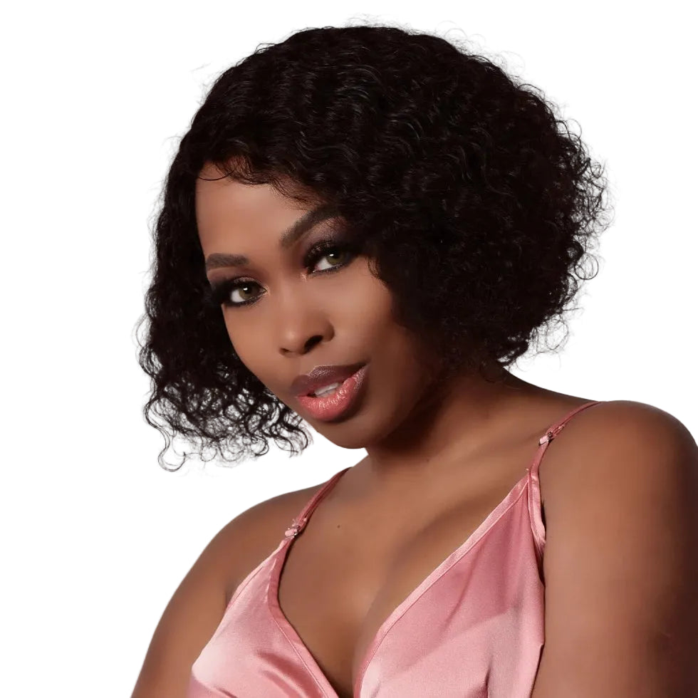 Sleek Lucy human hair wig 11 inch short tight curl virgin gold lace parting bob wig in shade 1B