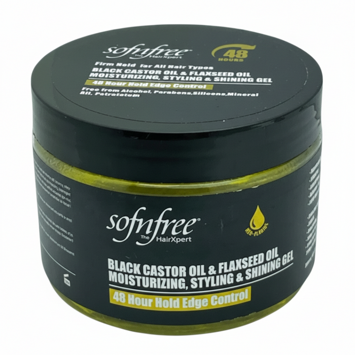 Sof N Free black castor and flaxseed styling gel defines curls and controls frizz