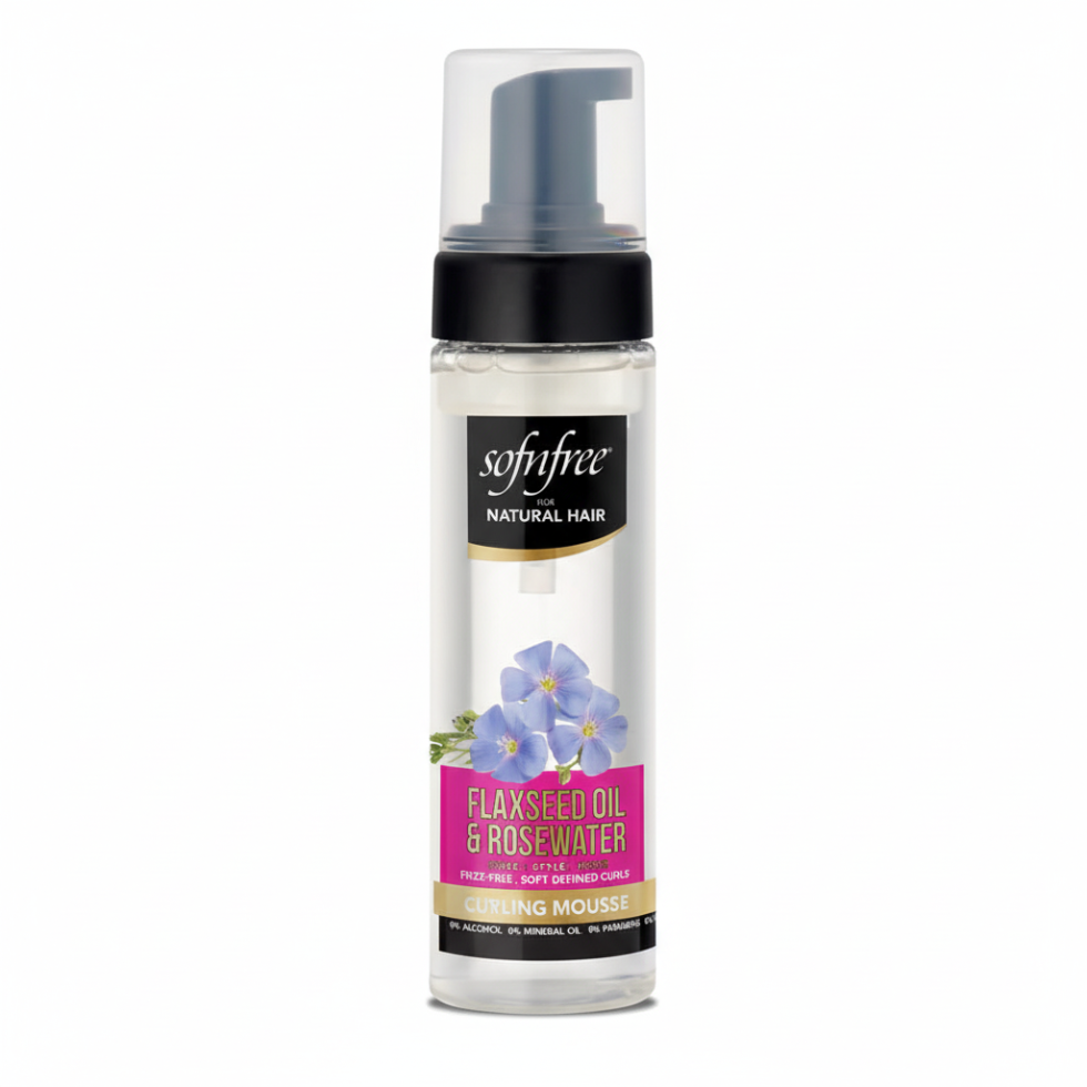 Sof N Free flaxseed oil and rosewater curling mousse defines frizz free curls