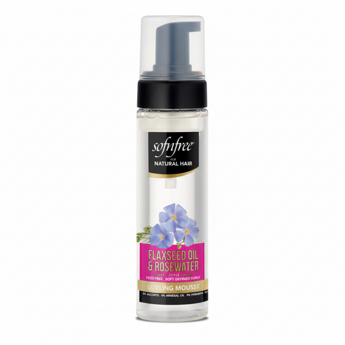 Sof N Free flaxseed oil and rosewater curling mousse defines frizz free curls