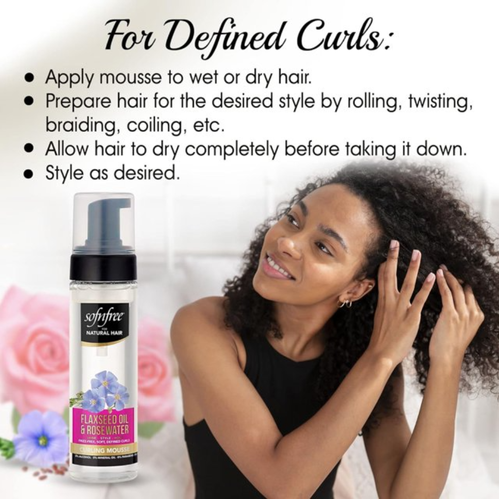 Sof N Free flaxseed oil and rosewater curling mousse defines frizz free curls