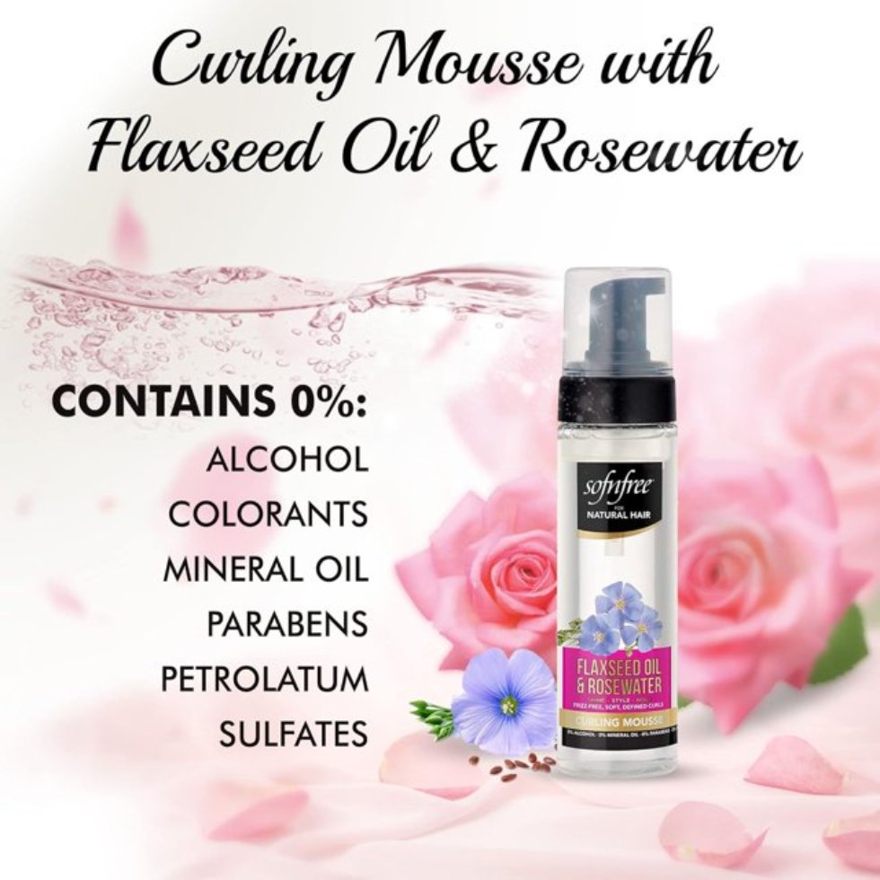 Sof N Free flaxseed oil and rosewater curling mousse defines frizz free curls
