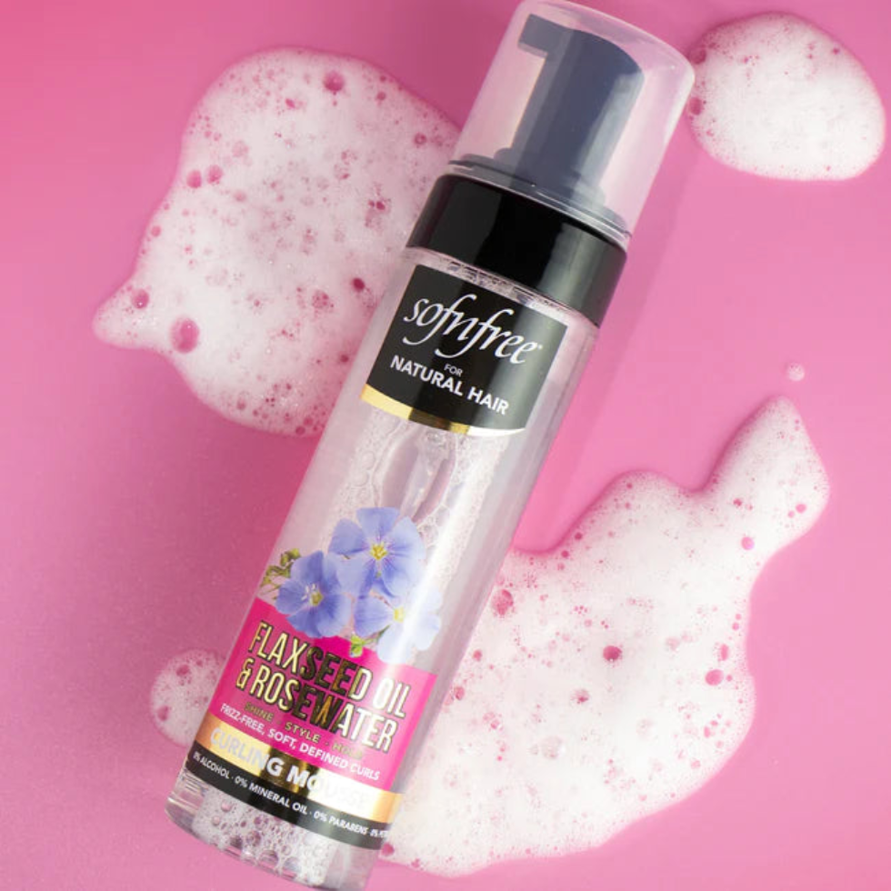 Sof N Free flaxseed oil and rosewater curling mousse defines frizz free curls