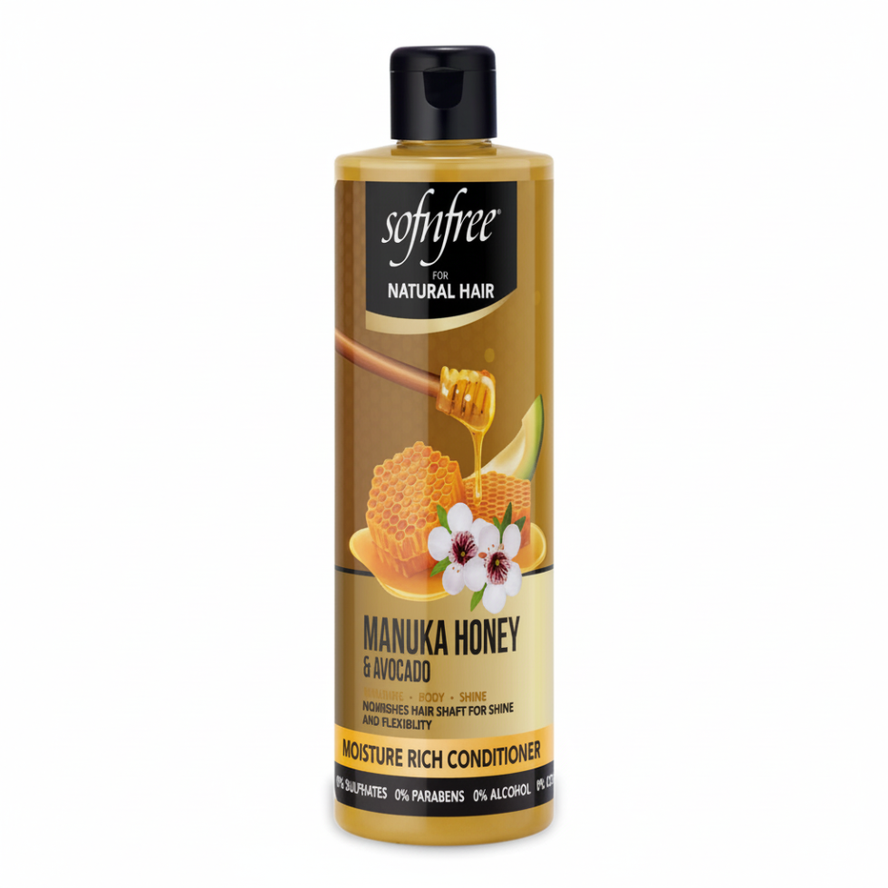 Sof N Free manuka honey and avocado conditioner hydrates textured hair