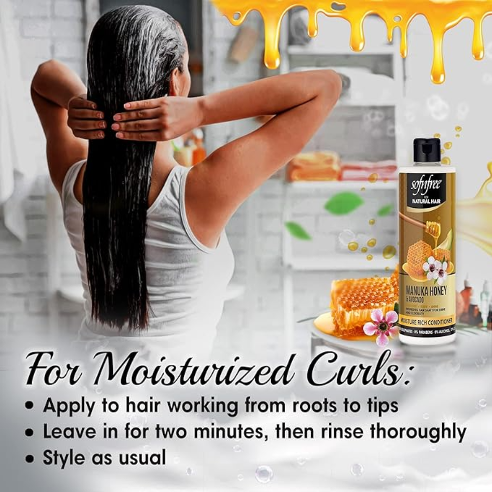 Sof N Free manuka honey and avocado conditioner hydrates textured hair