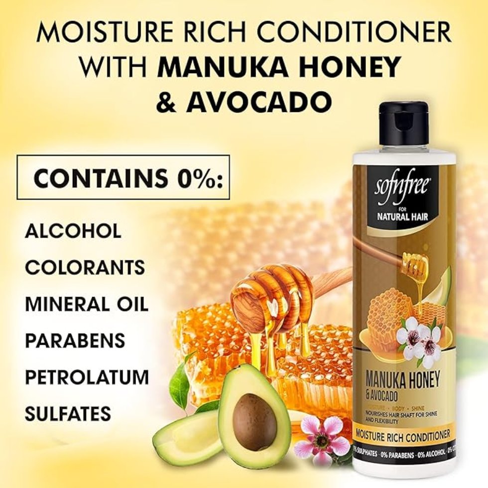 Sof N Free manuka honey and avocado conditioner hydrates textured hair