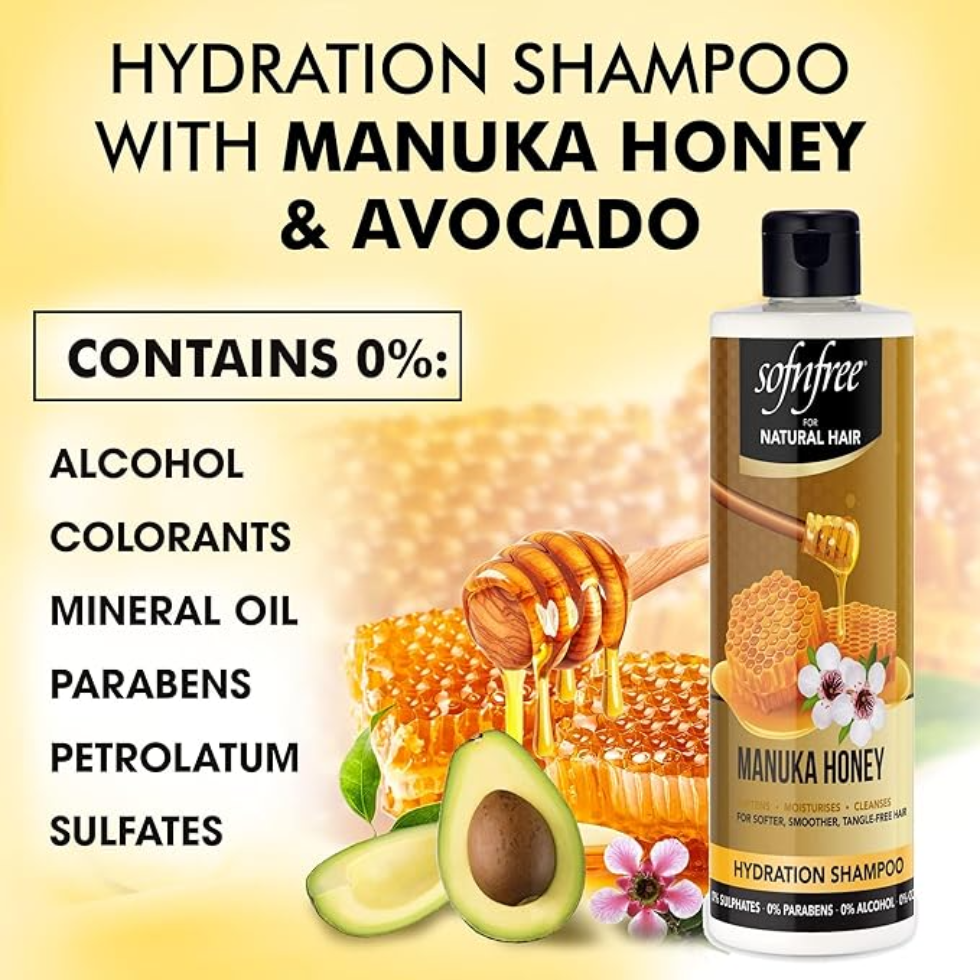 Sof N Free manuka honey hydration shampoo moisturizes and softens curls