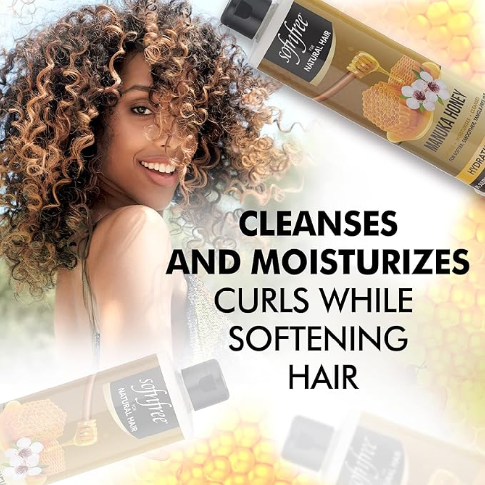 Sof N Free manuka honey hydration shampoo moisturizes and softens curls