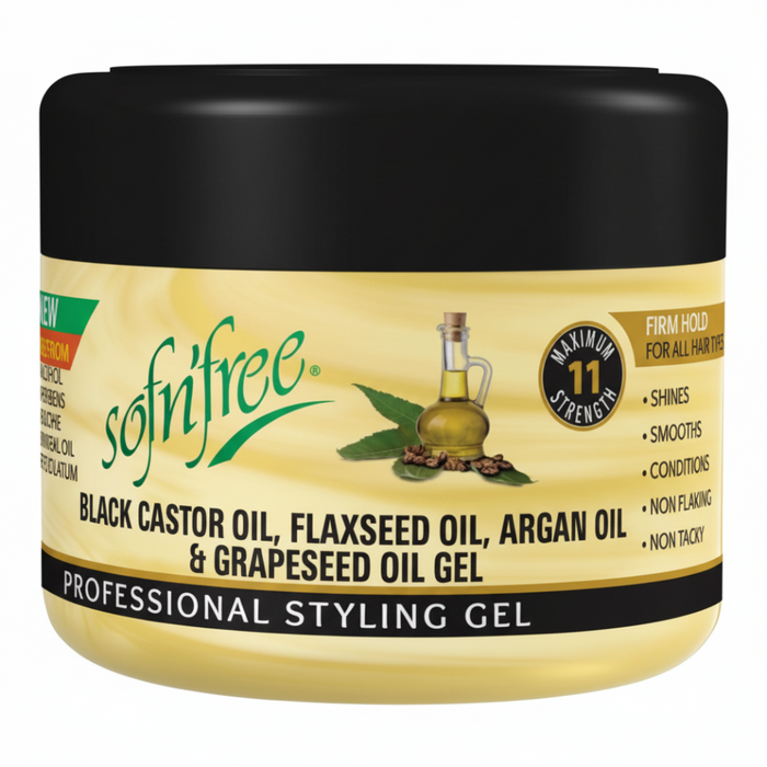 SofnFree styling gel with black castor flaxseed argan and grapeseed oils