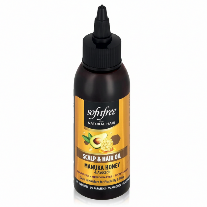 SofnFree scalp and hair oil with manuka honey and avocado nourishes hair