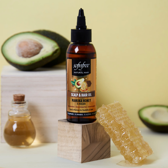 SofnFree scalp and hair oil with manuka honey and avocado nourishes hair