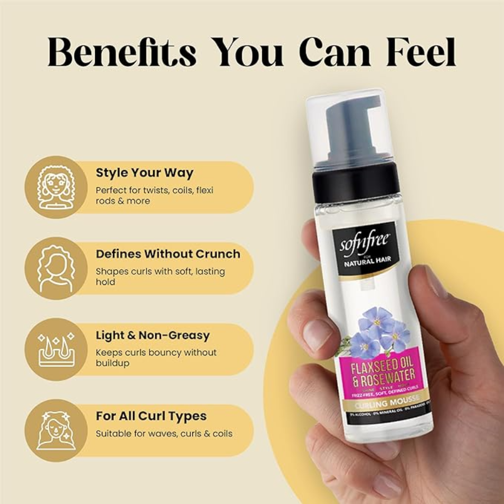 Sofnfree flaxseed oil and rosewater curling mousse for defined bouncy curls