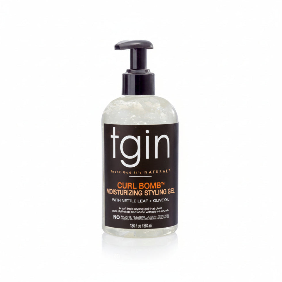 TGIN Curl Bomb Moisturizing Styling Gel 13oz for defining hydrating and controlling frizz in curly coily hair