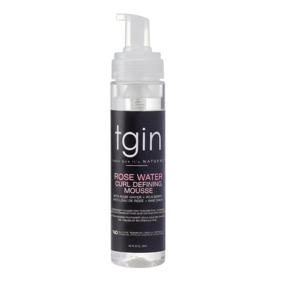 TGIN Rose Water Defining Mousse 8oz for curly coily hair moisturizing curl definition and frizz control