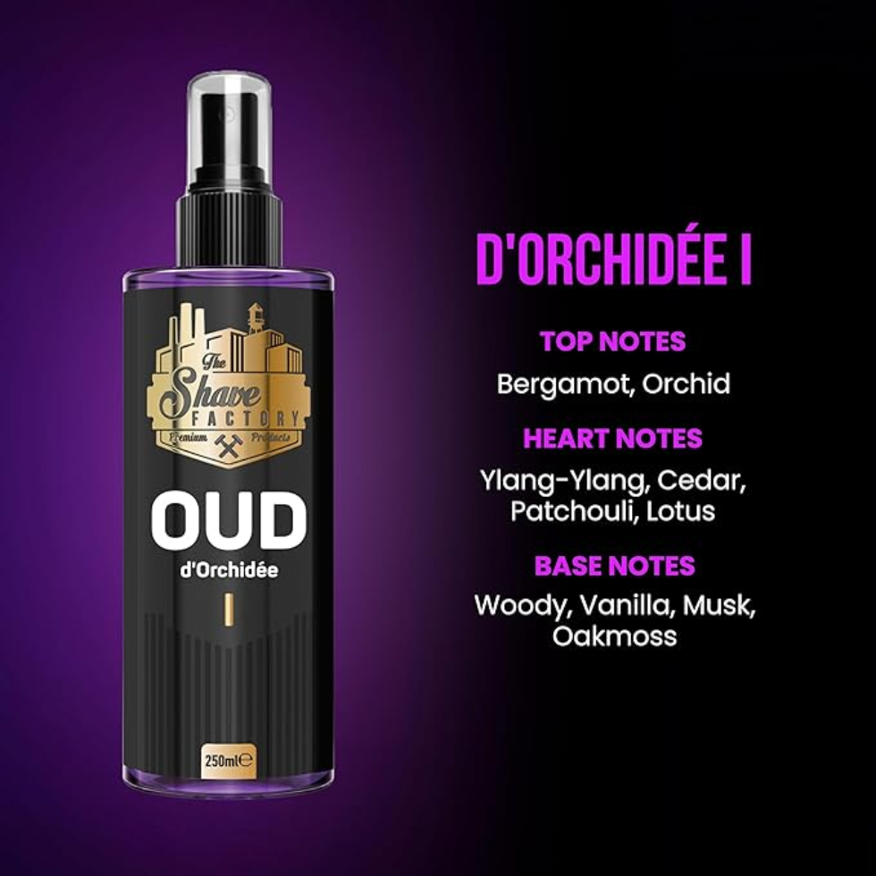 the shave factory after shave cologne oud d’orchidee 250ml cooling soothing floral oud post shave skin care cologne
