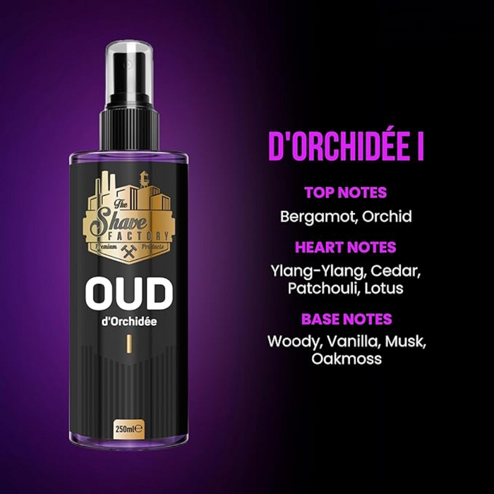 the shave factory after shave cologne oud d’orchidee 250ml cooling soothing floral oud post shave skin care cologne
