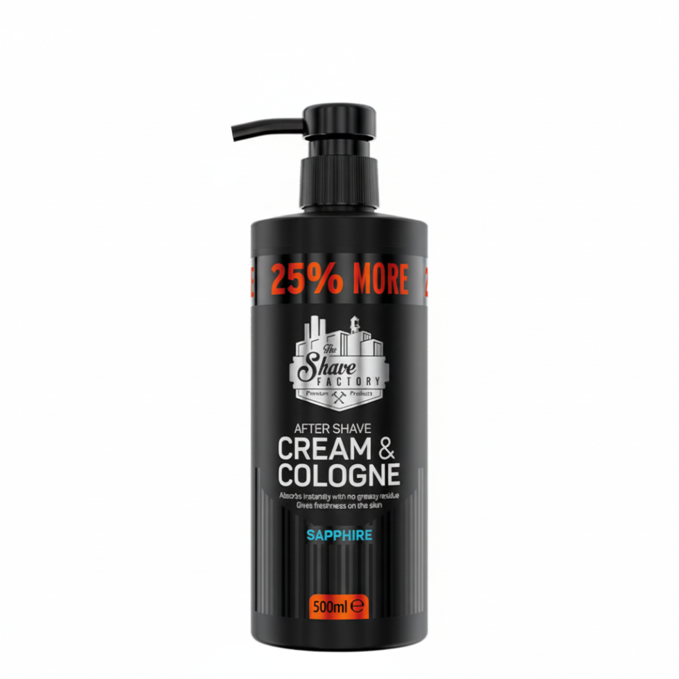 the shave factory sapphire after shave cream and cologne 500ml cooling soothing post shave skin care 2 in 1 formula
