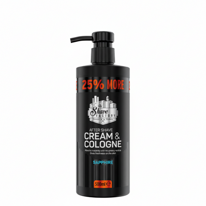 the shave factory sapphire after shave cream and cologne 500ml cooling soothing post shave skin care 2 in 1 formula
