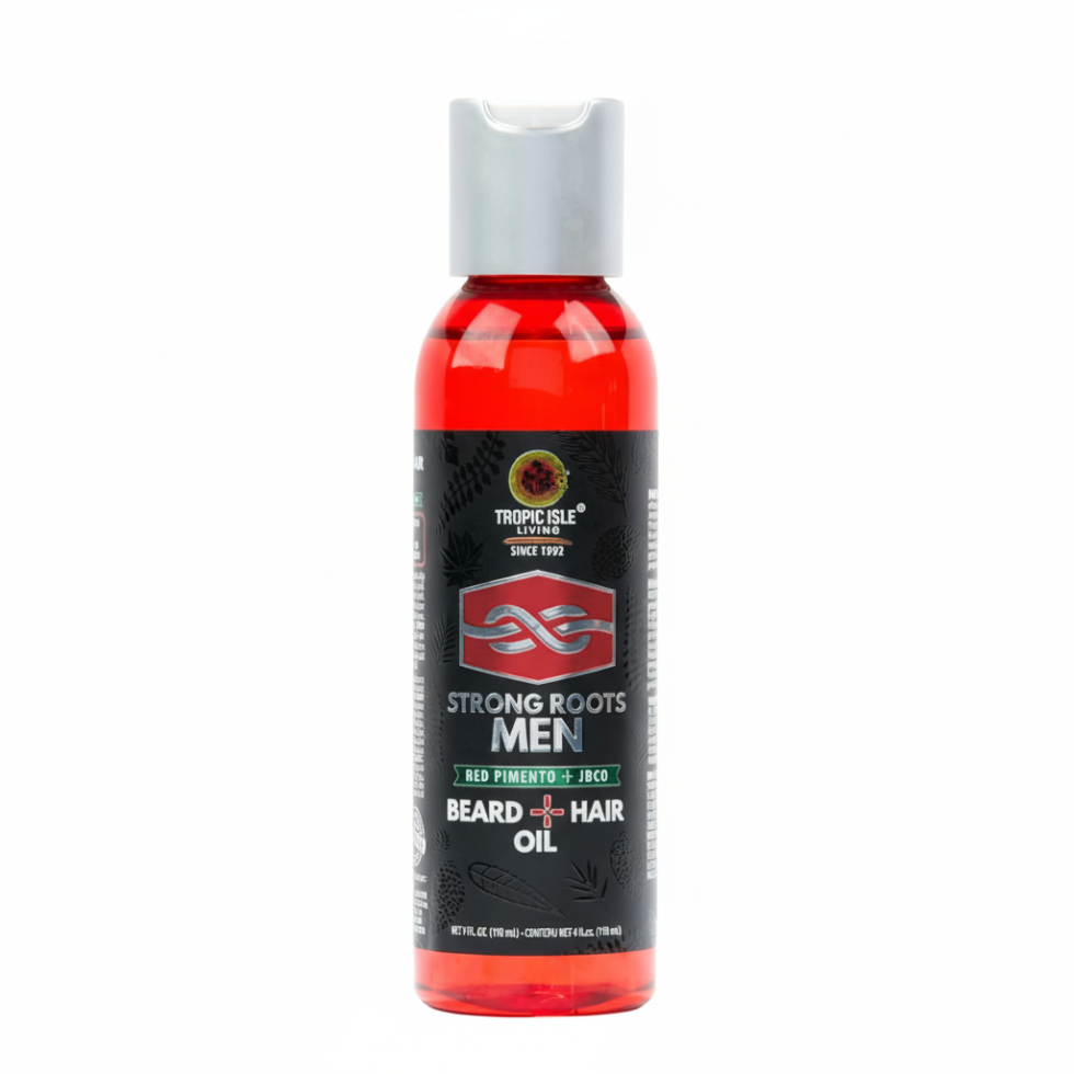 tropic isle strong roots beard and hair oil red pimento and jbco for growth shine and hydration