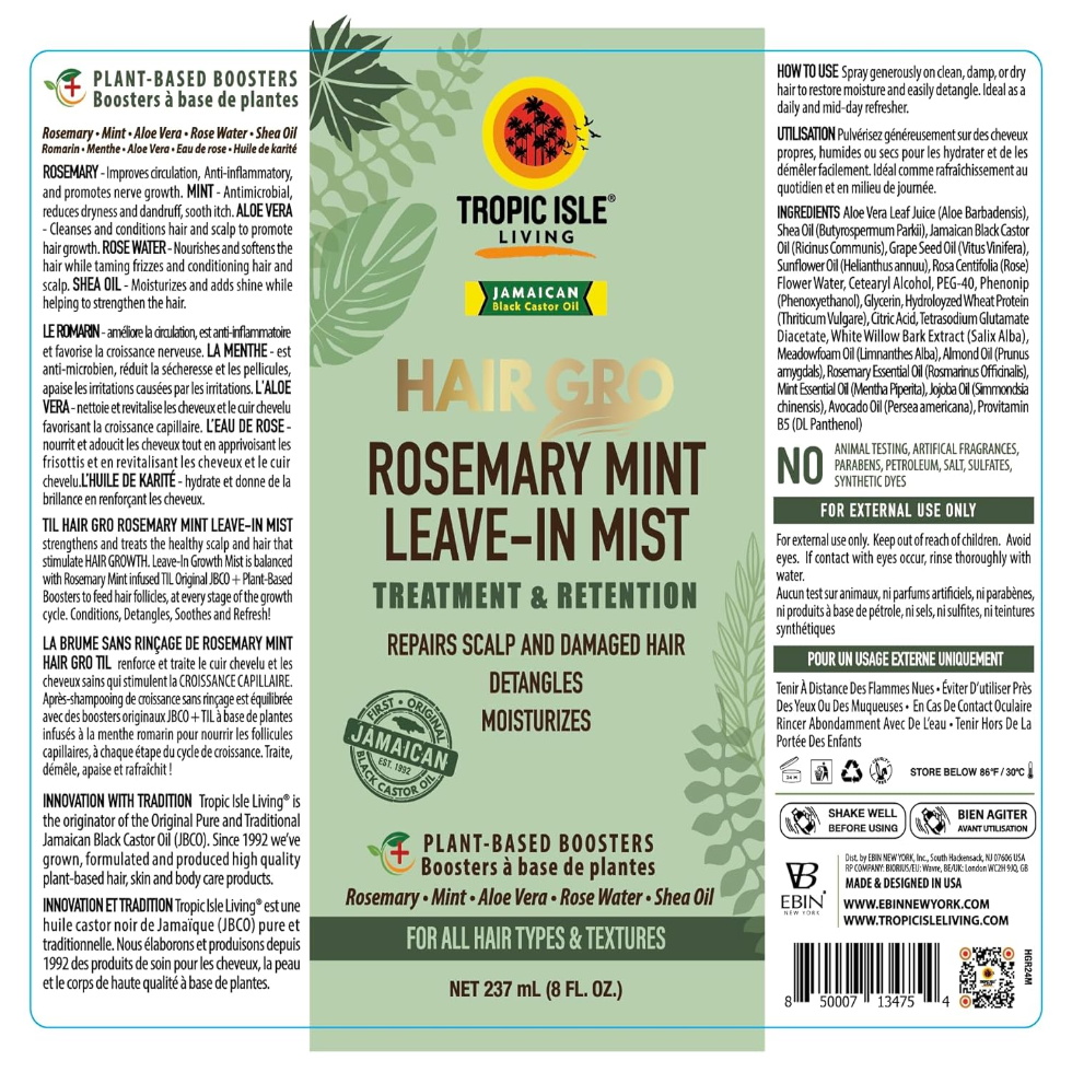 tropic isle rosemary mint leave in mist for hair hydration detangling frizz control and scalp refresh