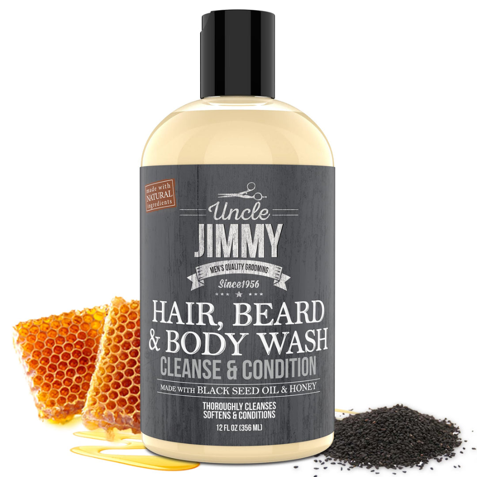 uncle jimmy hair beard body wash 12oz black seed honey cleanser 3 in 1 grooming product