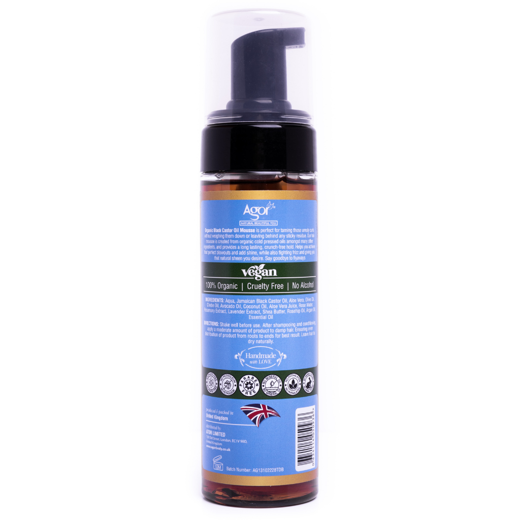 Agor Organic Black Castor Oil Mousse 200ml | Curl Definition Shine Frizz Control