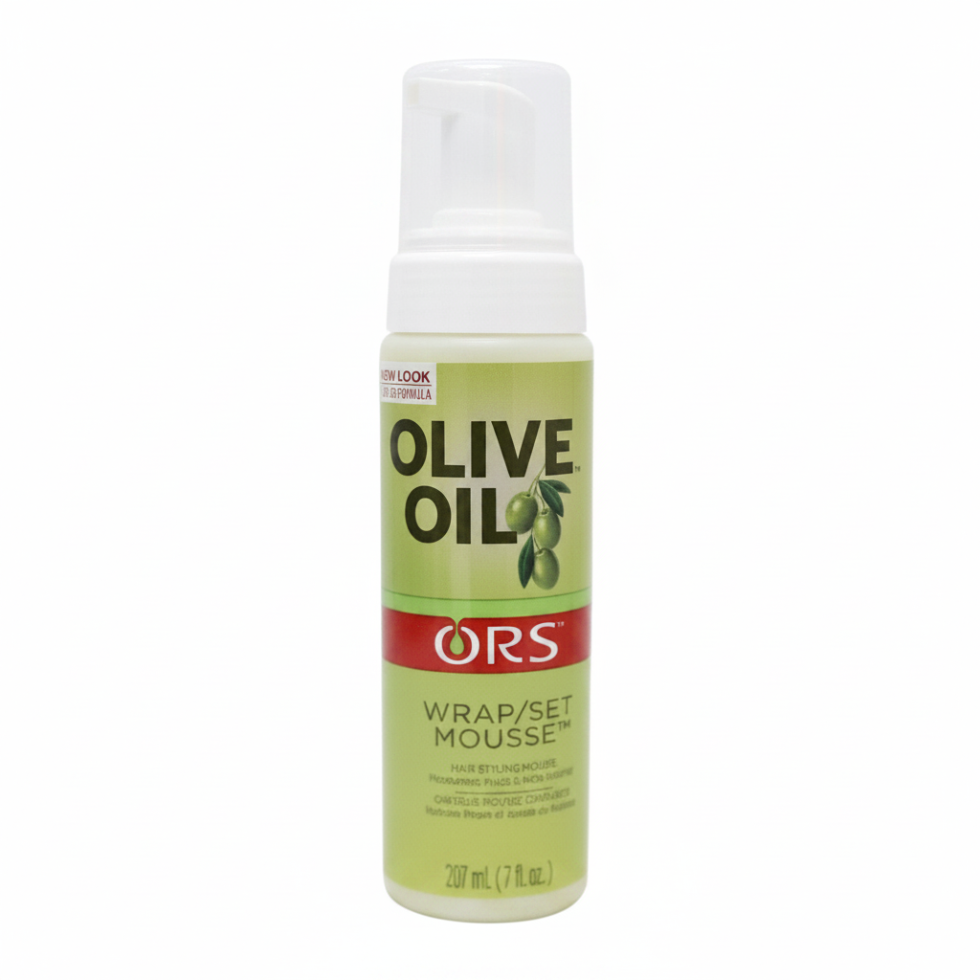 ORS olive oil wrap set mousse 207ml moisturizing styling foam for wraps roller sets and molded styles with soft hold shine smooth finish and faster drying time