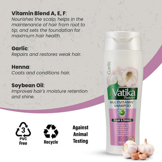 Vatika garlic multivitamin shampoo 400ml for repairing weak hair and smooth strong shiny results