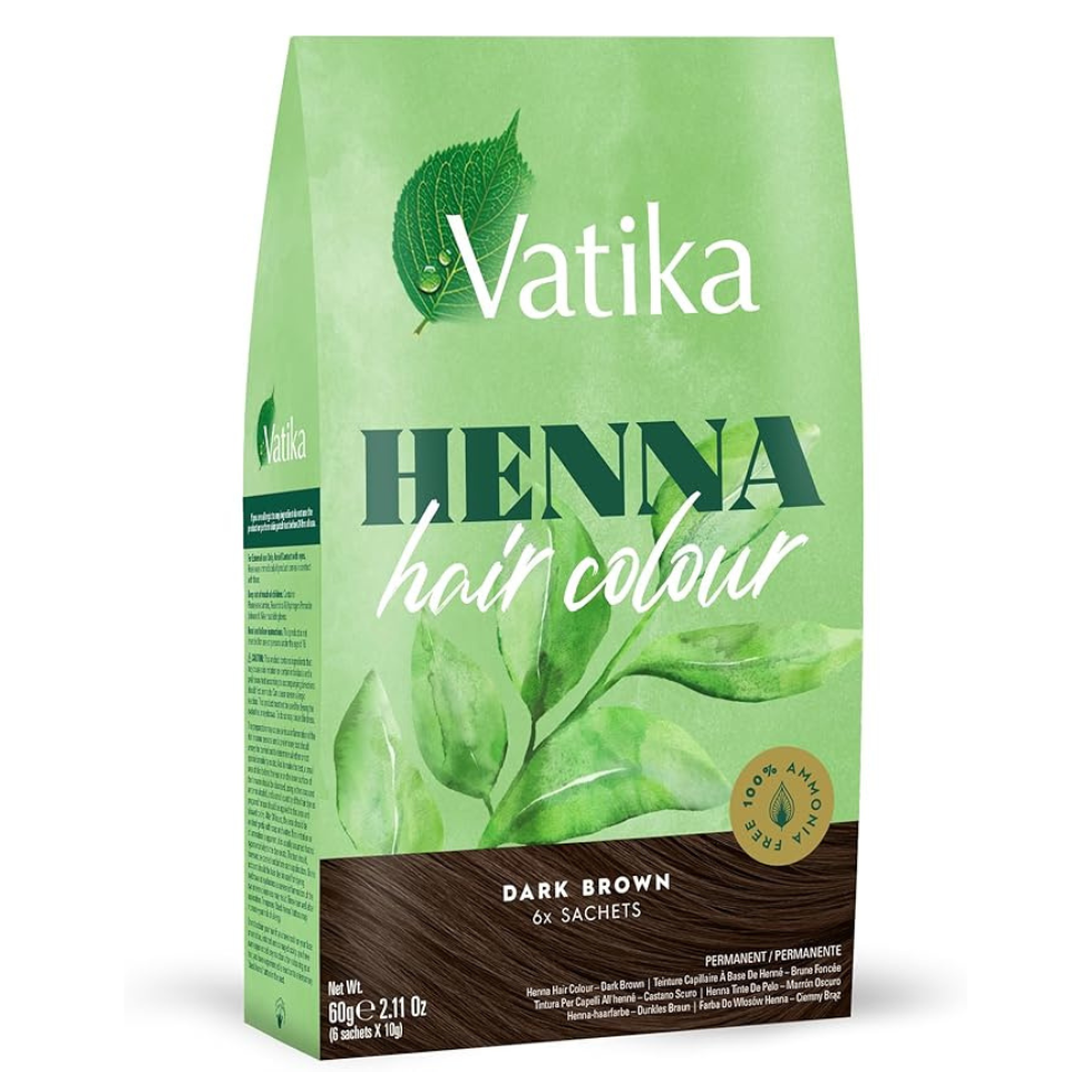 Vatika henna dark brown 60g hair colour sachets for grey coverage and shiny healthy hair