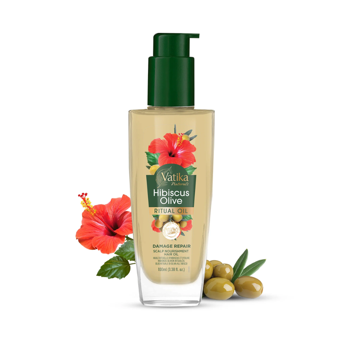 Vatika hibiscus olive hair oil for nourishing strengthening thicker smooth shiny healthy hair