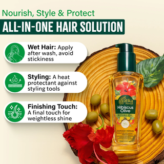 Vatika hibiscus olive hair oil for nourishing strengthening thicker smooth shiny healthy hair