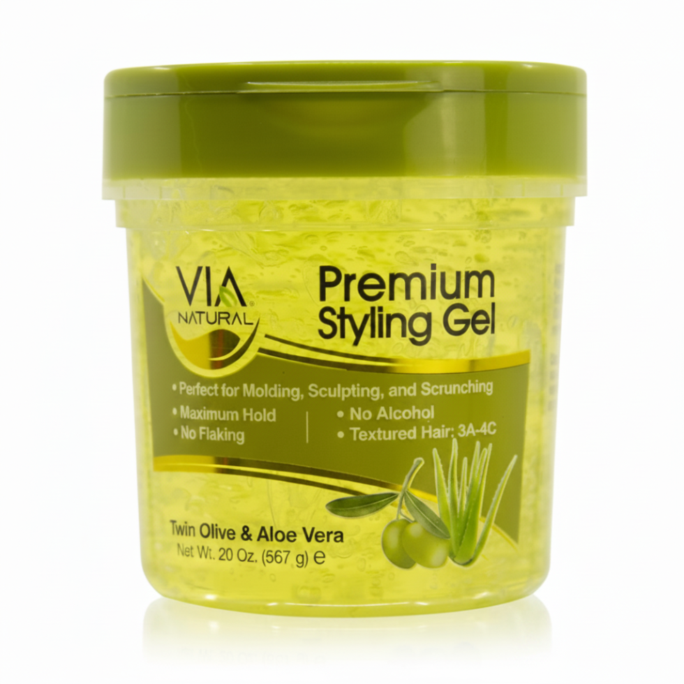 Via Naturals styling gel olive aloe vera 20oz maximum hold no flakes frizz control hair gel