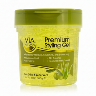 Via Naturals styling gel olive aloe vera 20oz maximum hold no flakes frizz control hair gel