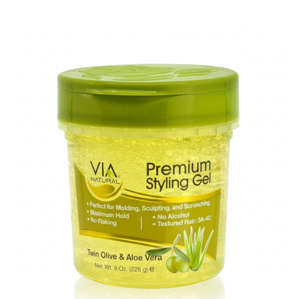 Via Naturals styling gel olive aloe vera 8oz maximum hold no flakes frizz control gel
