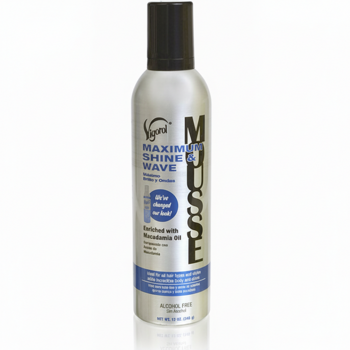 Vigorol Olive Oil Mega Moisture Mousse 12oz alcohol free styling foam for wraps curls moisture and shine