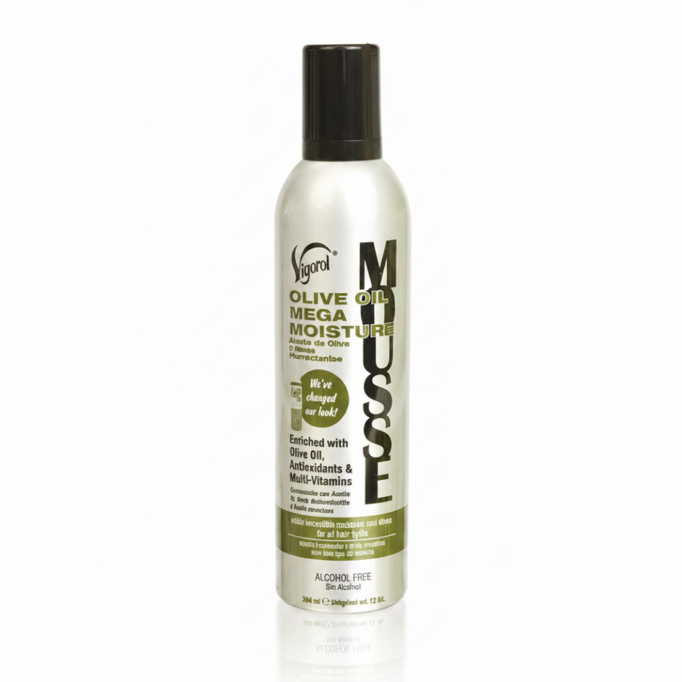 Vigorol Olive Oil Mega Moisture Mousse 12oz alcohol free styling foam for wraps curls moisture and shine